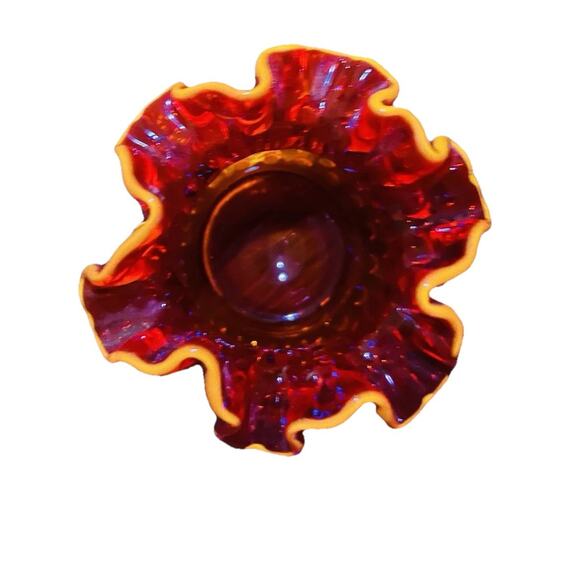 Fenton Glows Amberina Hobnail Small Rose Bowl Ruffle Crimped Orange Glass Vase - Picture 3 of 14